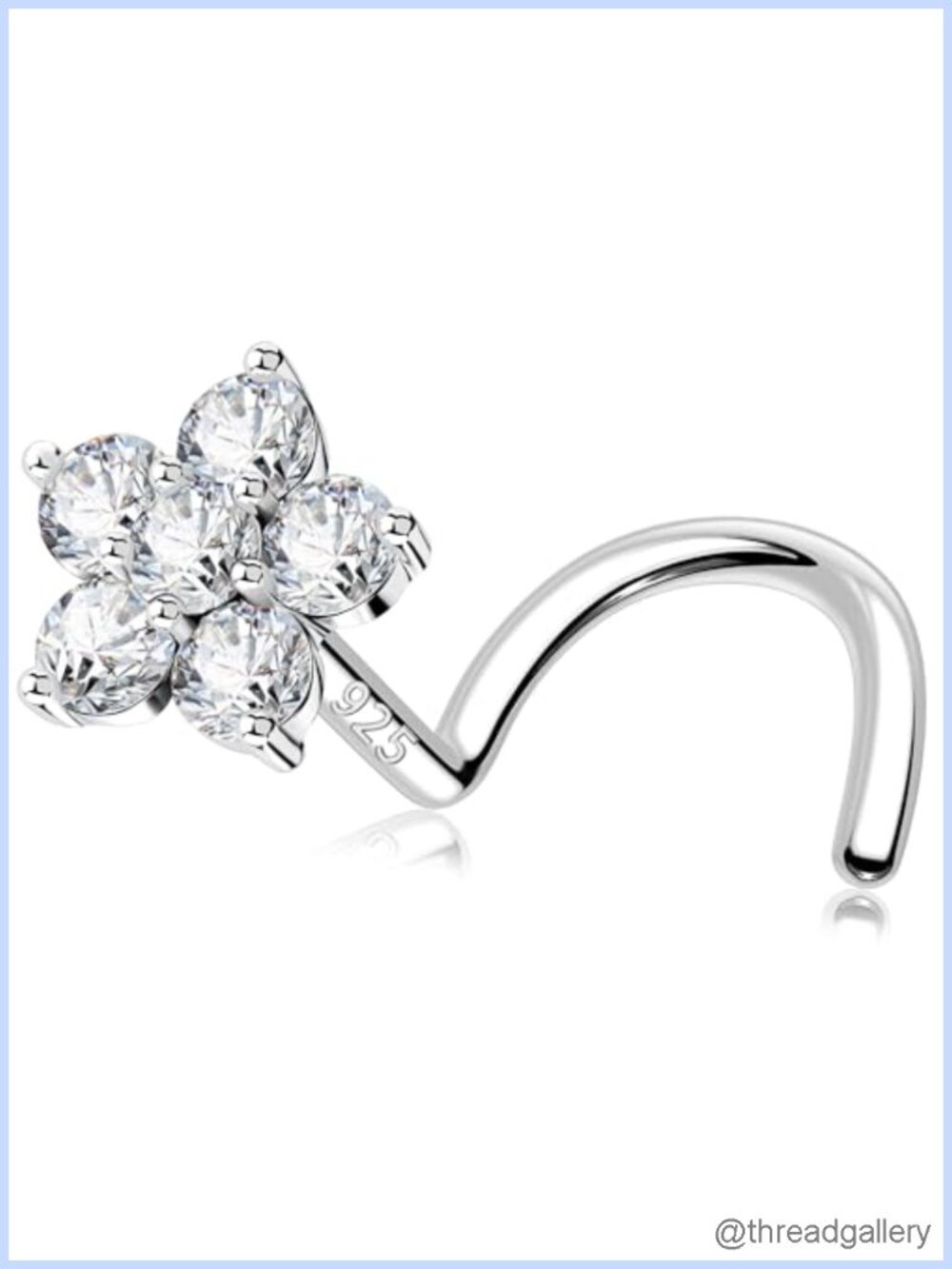 Sterling Silver 925 Nose Stud 20G S-Shaped Flower CZ Piercing Jewelry